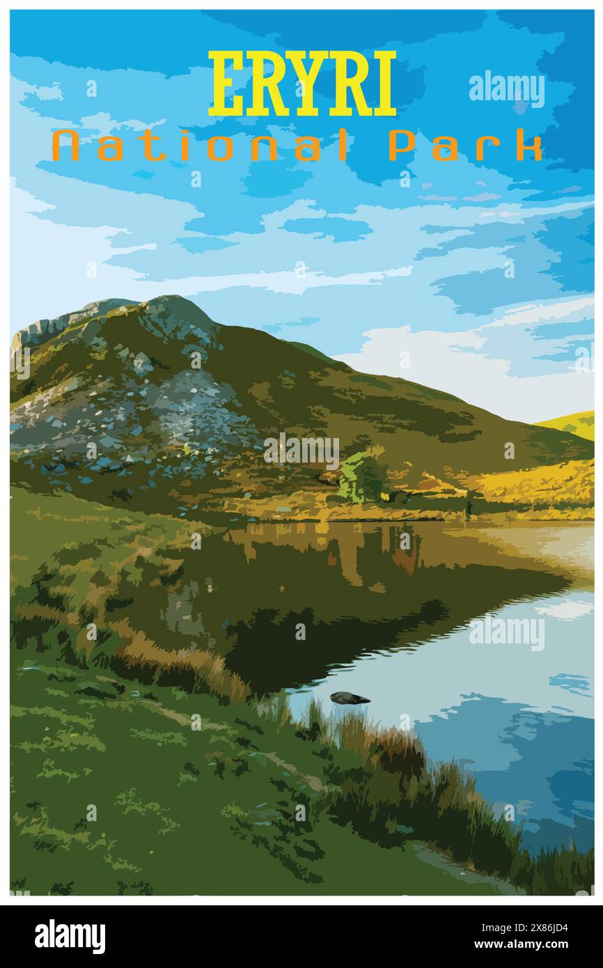 WPA inspirierte das Retro-Reiseposter von Llyn y Dywarchen und Clogwyngarreg, als die Sonne im Eryri-Nationalpark in Wales untergeht Stock Vektor