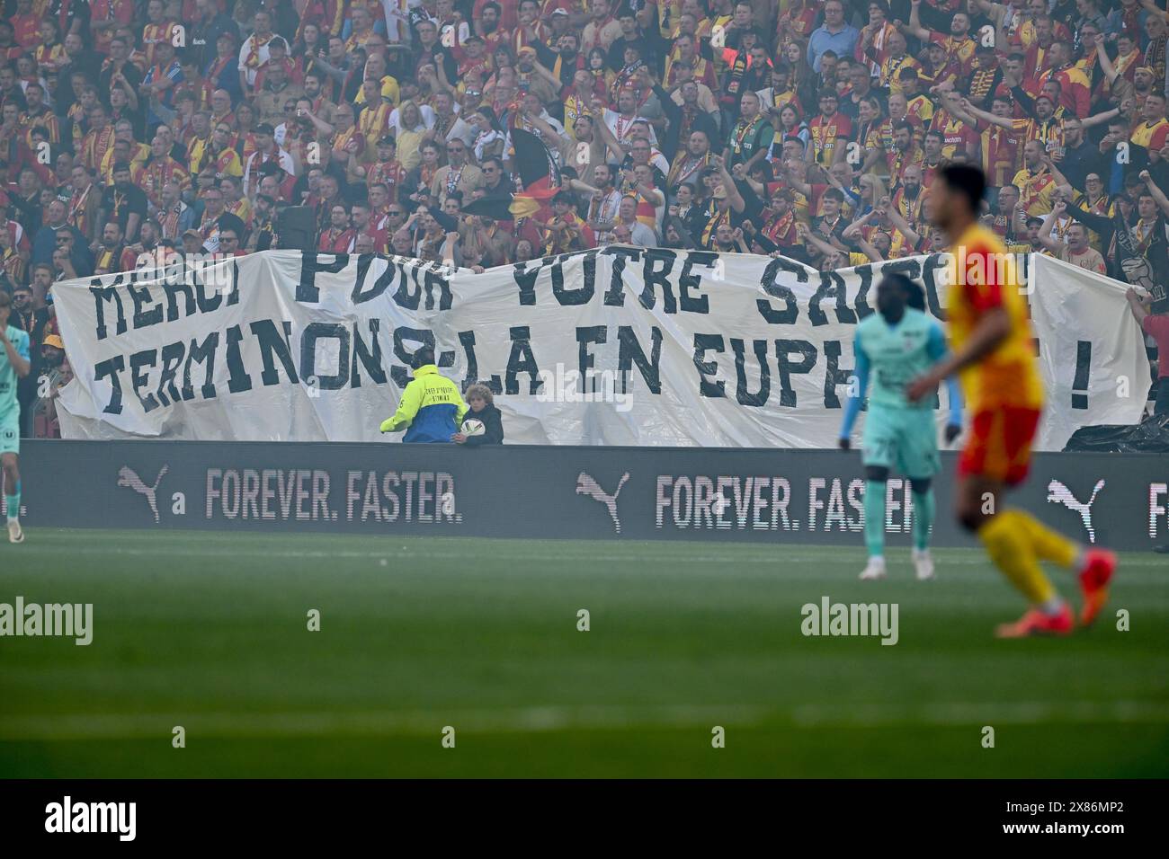 Linse, Frankreich. Mai 2024. Fans und Unterstützer von Lens mit einem Banner mit Merci pour votre Saison, Terminons-la en Euphorie während des Ligue 1 Uber Eats Spiel 34 in der Saison 2023-2024 zwischen Racing Club de Lens und Montpellier Herault Sport Club am 19. Mai 2024 in Lens, Frankreich. (Foto: David Catry/Sportpix) Credit: Sportpix/Alamy Live News Stockfoto