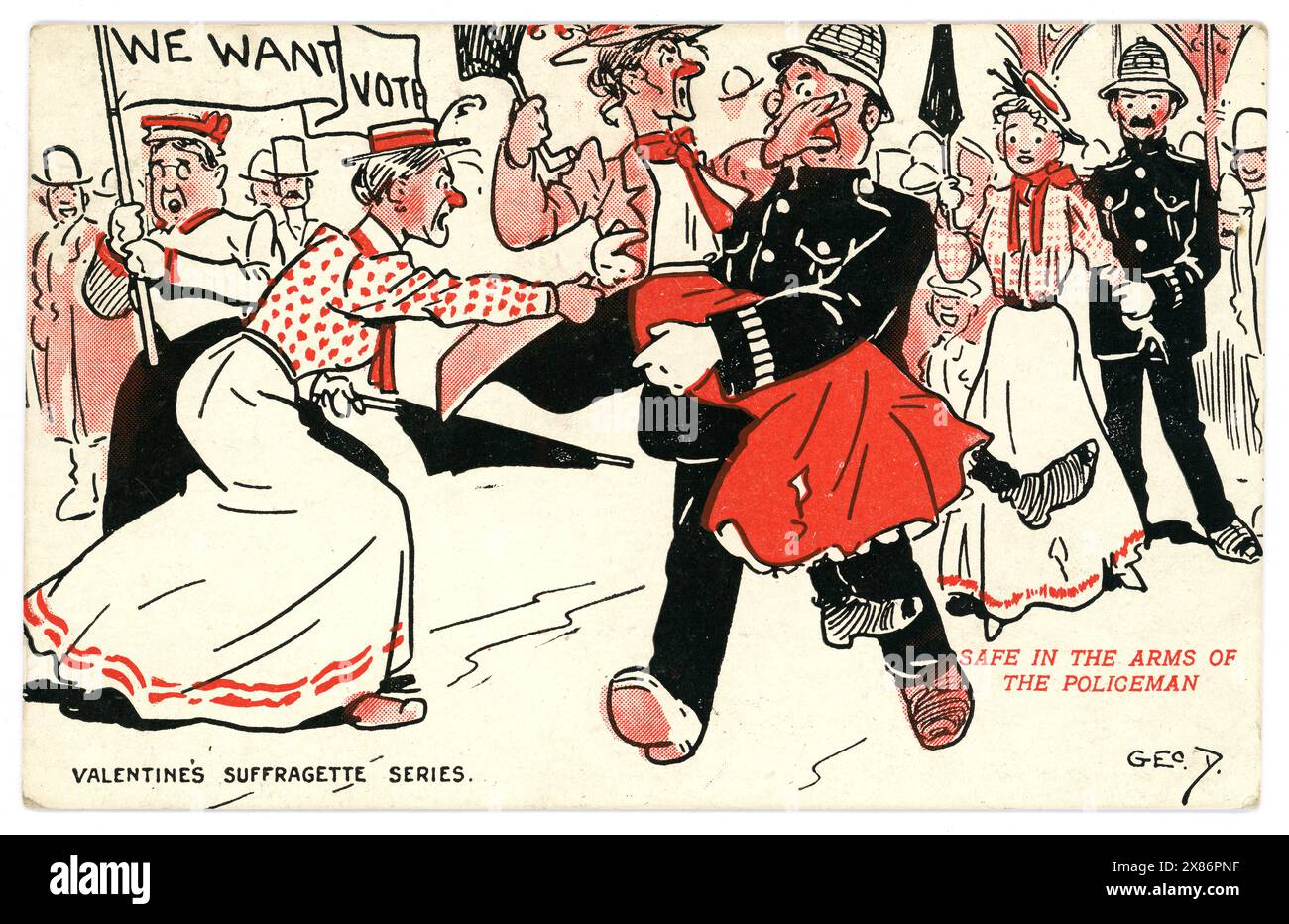 Original-Anti-Suffragette-Postkarte, eine Frau wird von einem Polizisten verhaftet. Die Bildunterschrift lautet "sicher in den Armen des Polizisten", das Banner ist "Wir wollen die Abstimmung". Die Stimmen für Frauen waren in den frühen 1900er Jahren ein umstrittenes Thema Das ist eine typische Postkarte der Zeit, die Suffragetten als hässliche, unattraktive, wütende Frauen darstellt. Von Geo D Valentines Suffragette Serie. Stockfoto