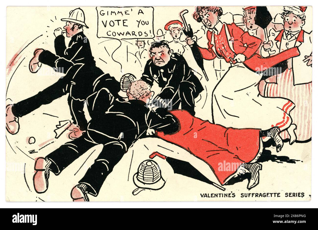 Original-Anti-Suffragette-Postkarte, das Banner lautet „Gime a vote you Feiglinge“. Ein wütender Mob von Frauen greift einen Polizisten an, der für sein Wahlrecht kämpft. Die Stimmen für Frauen waren in den frühen 1900er Jahren ein umstrittenes Thema Das ist eine typische Postkarte der Zeit, die Suffragetten als hässliche, unattraktive, wütende Frauen darstellt. Postkarte illustriert von D Geo aus der Valentines Suffragette Serie. Stockfoto