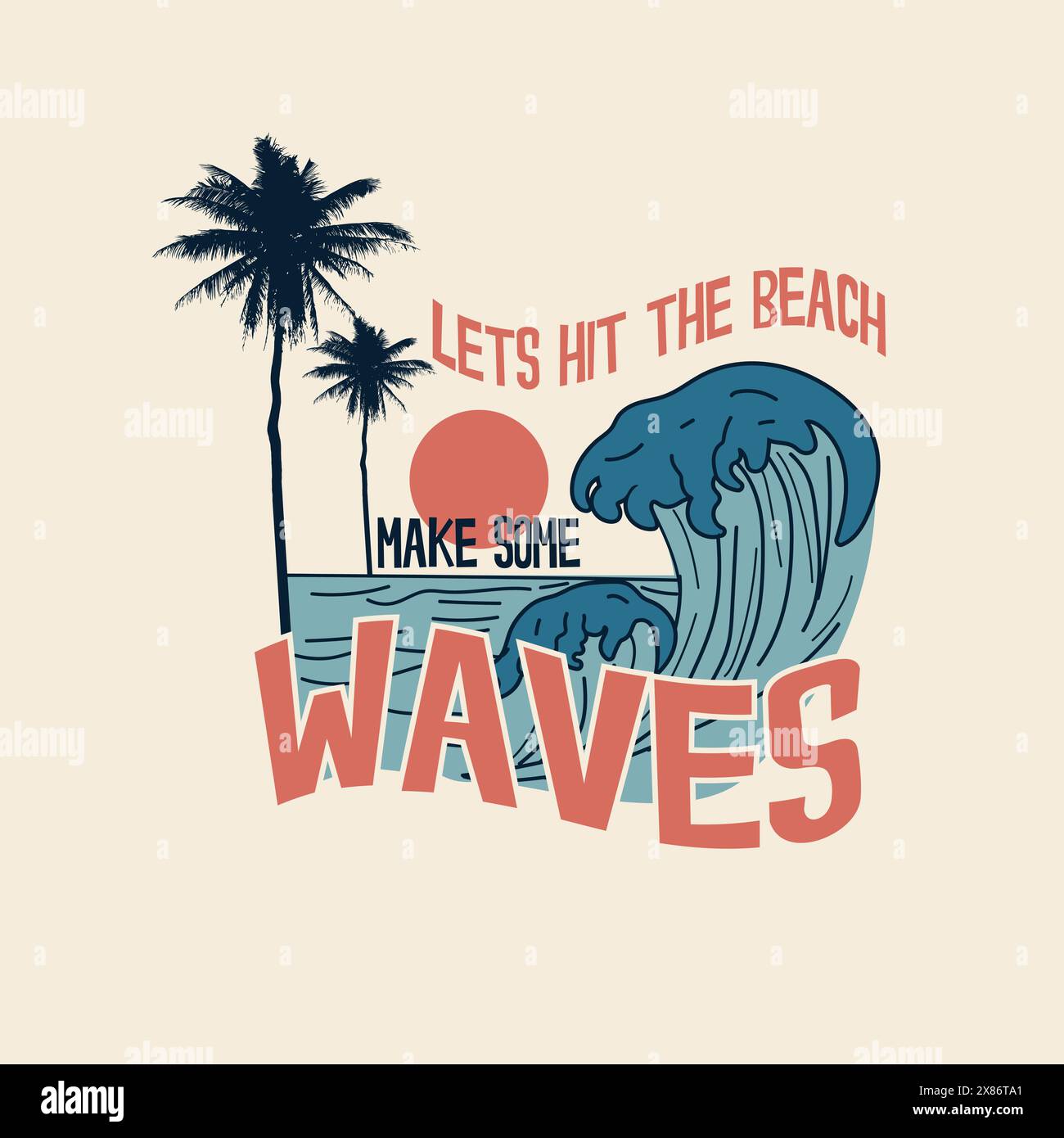 Retro Beach Sunset Waves Typografie Sommerpalmen T-Shirt-Design Stock Vektor