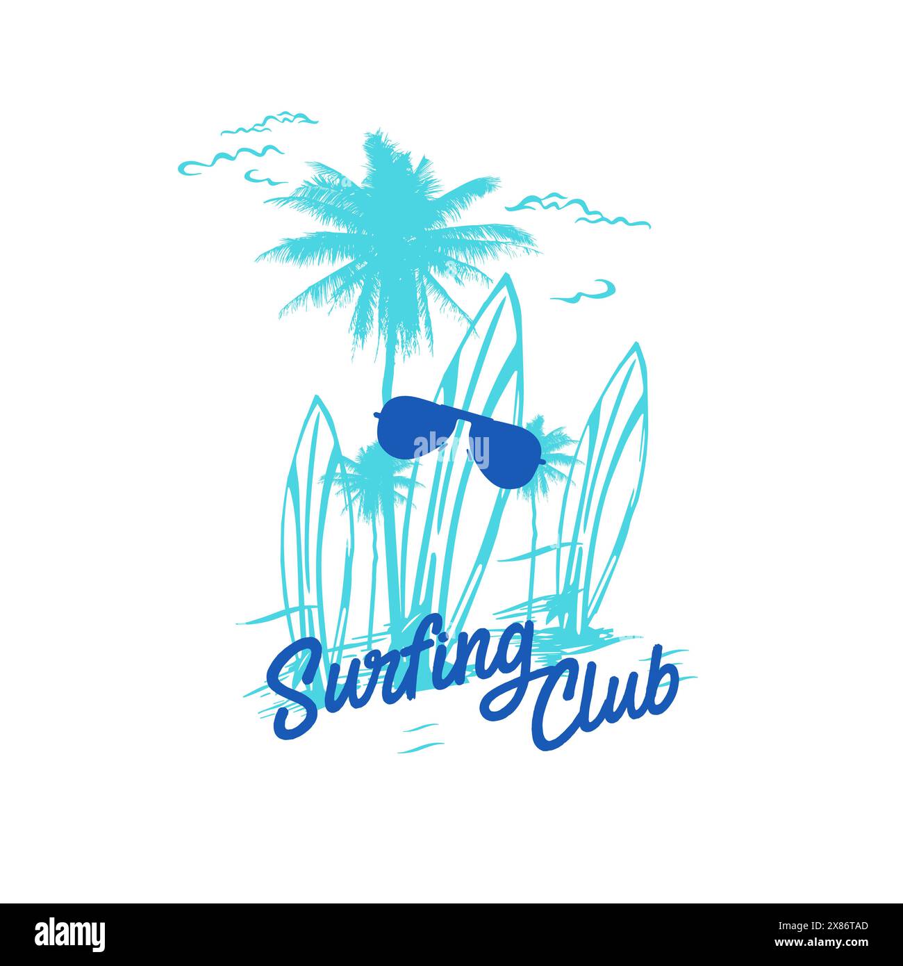 Surfing Club Summer Beach mit Palmen im grafischen Design Stock Vektor