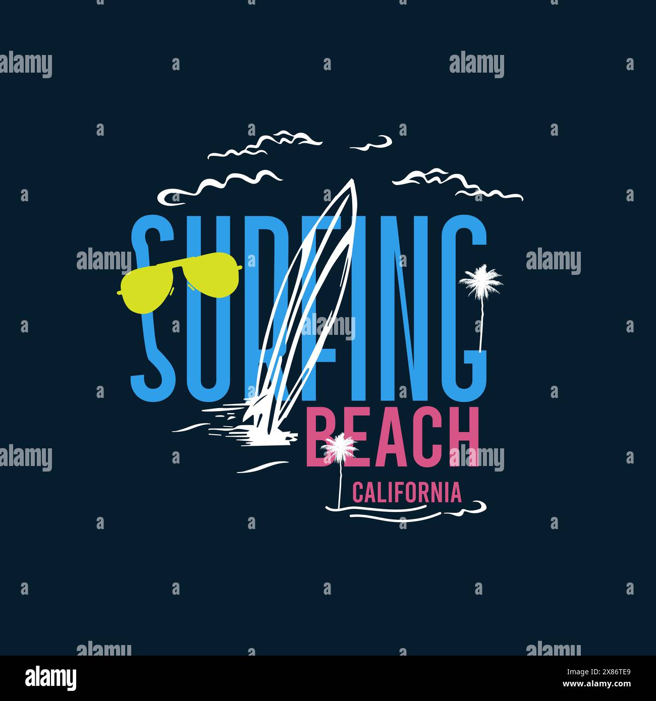 Surfing Beach California Sommer-Surf-T-Shirt-Design Stock Vektor