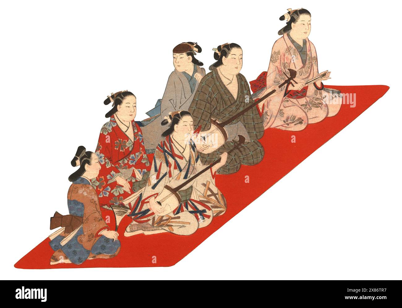 Traditioneller japanischer Holzschnitt einer Gruppe von Musikern am Hof, die auf einem roten Teppich sitzen und auf weiß Schamisen- und Koto-Instrumenten spielen. Stockfoto