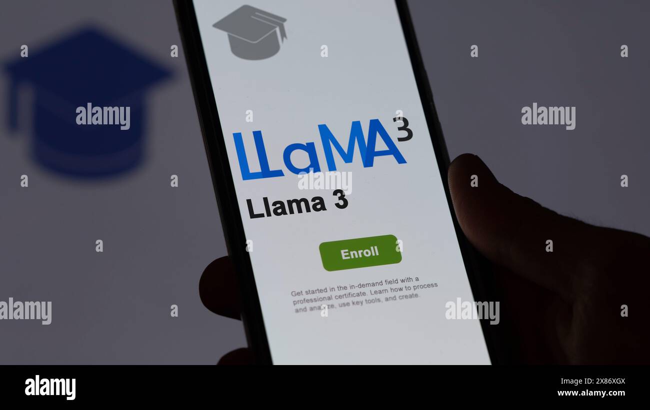 Mai 2024. Der Schüler meldet sich telefonisch für das Llama 3-Programm an, wobei er die Zertifizierung für llama3 durch E-Learning weiterqualifiziert Stockfoto