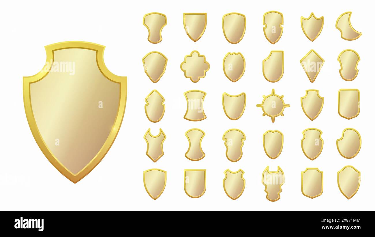 Set realistischer goldener Wappenschilde. Kollektion aus Glas und Hochglanzschild. Vektorabbildung. Stock Vektor