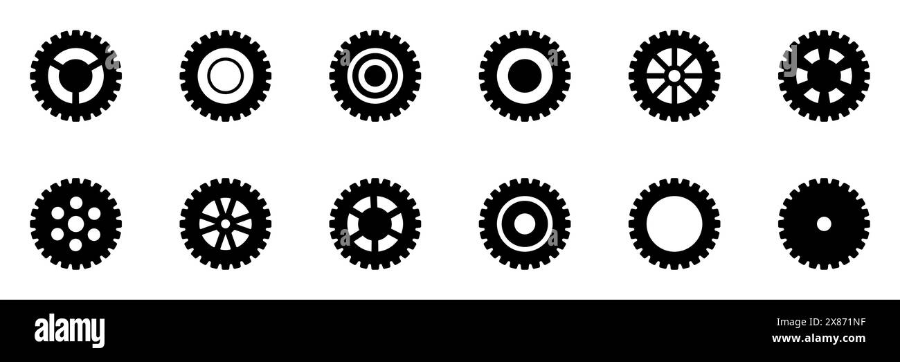 Symbolsatz Gänge. Symbol für Gangeinstellung. Sammlung mechanischer Zahnräder. Einfache Zahnradsammlung. Zahnradsymbole. Vektordarstellung mit Zahnrädern Stock Vektor