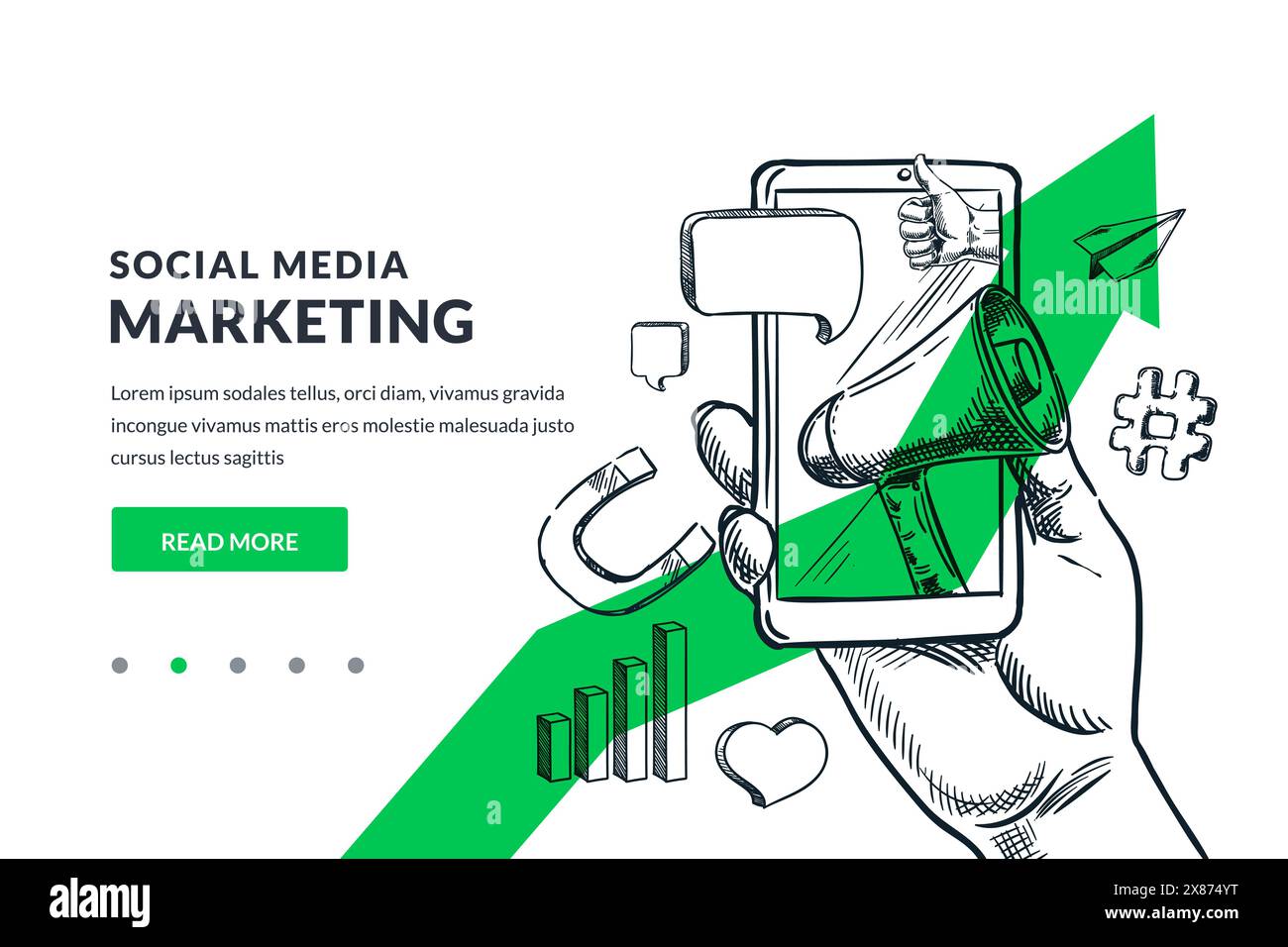 Social Media Marketing und Werbung, Kommunikationskonzept. Menschliche Hand hält Smartphone mit digitalen Marketingsymbolen auf grünem Pfeil Stock Vektor