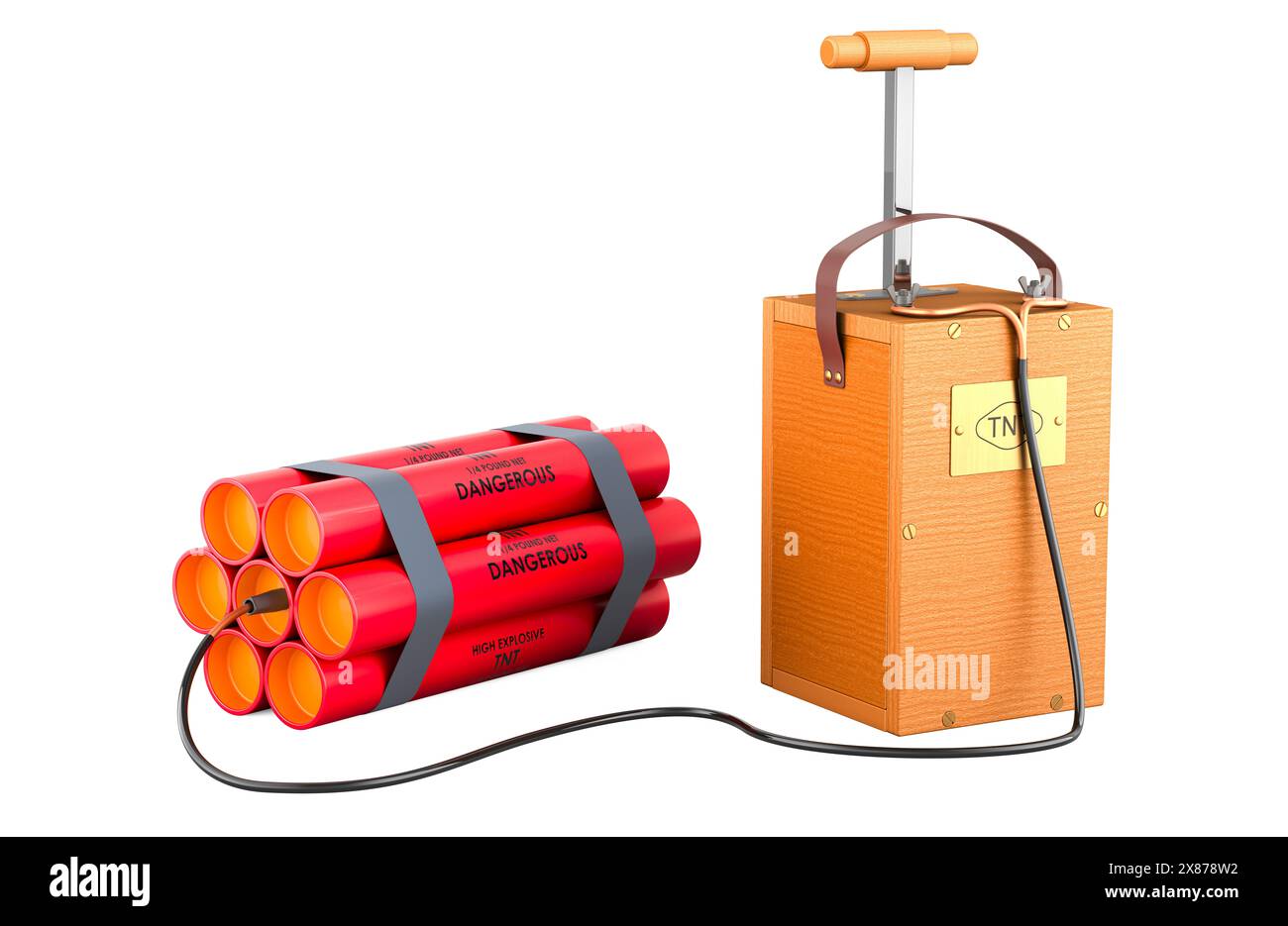 TNT-Bombe explodiert mit Sprengmaschine, Schuss-Exploder. 3D-Rendering isoliert auf weißem Hintergrund Stockfoto