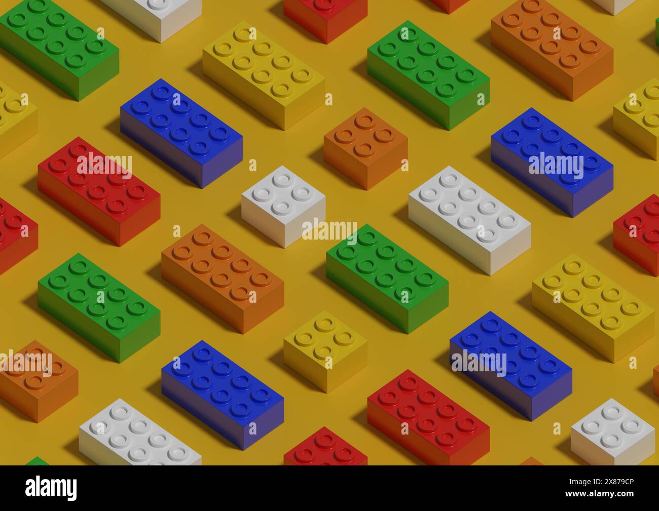 Isometrisches nahtloses Muster von Spielzeugblöcken auf gelbem Hintergrund. 3D-Abbildung. Stockfoto