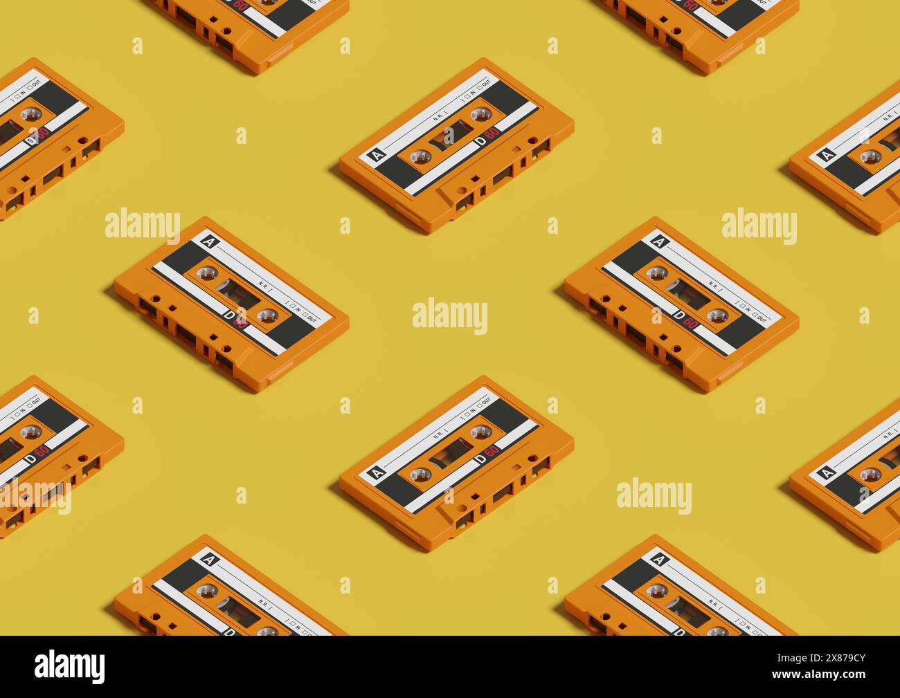 Nahtloses isometrisches Muster von orangen Kassetten auf gelbem Hintergrund. 3D-Abbildung. Stockfoto