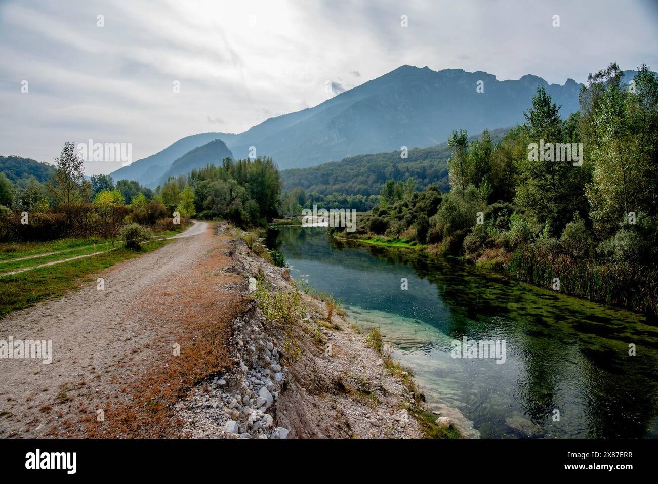 Blick auf den Fluss Astico mit klarem Wasser und grünen Wiesen auf dem Valdastico bei Cogollo del Cengio in der italienischen Provinz Vicenza Veneto Stockfoto