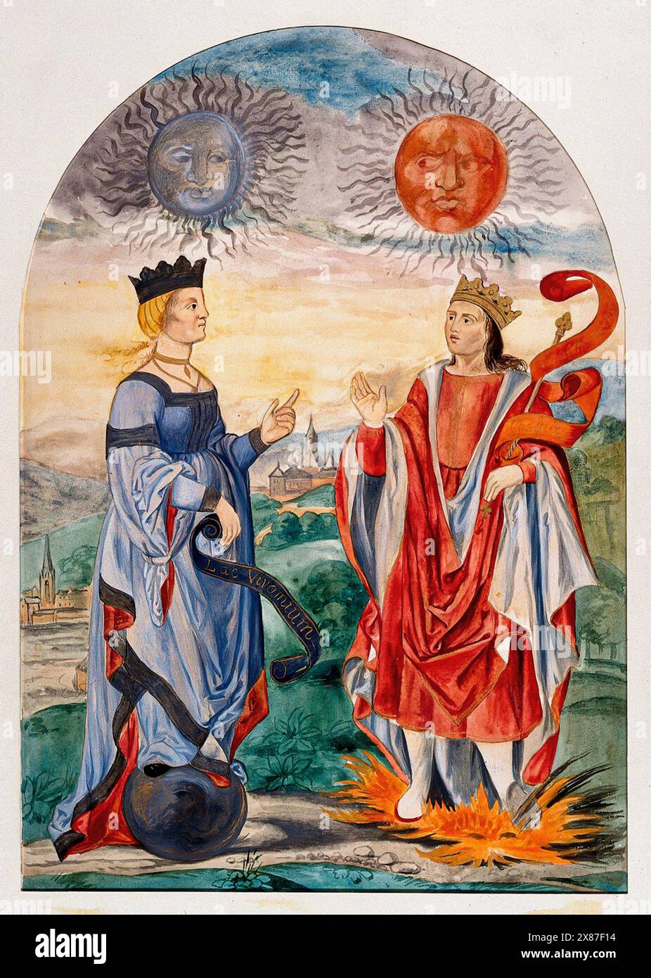 Ein Mond über einer in Blau gekleideten Königin und eine Sonne über einem in Rot gekleideten König; sie repräsentieren zwei alchemistische Prinzipien: Das auflösende „lac virginis“ (Quecksilber) und das koagulierende männliche Prinzip (Schwefel). Aquarellmalerei von E.A. Ibbs. Stockfoto
