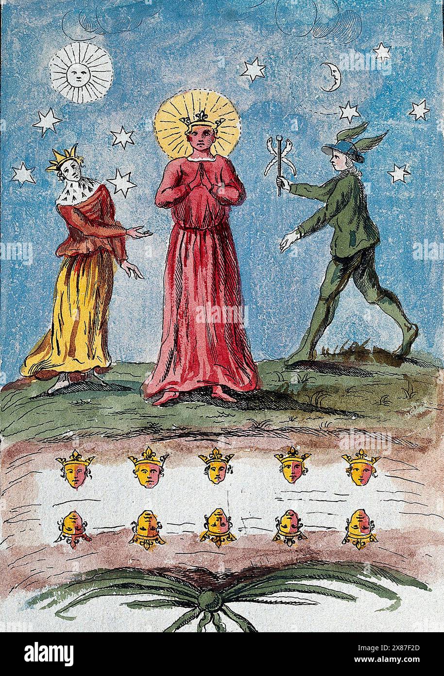 Ein König mit rotem Gesicht steht in einer roten Robe, flankiert von einer Königin und der Gottheit Merkur in grünen Kleidern; sie stellt eine Bühne im Prozess der Alchemie dar. Farbige Radierung, ca. 18. Jahrhundert. Stockfoto