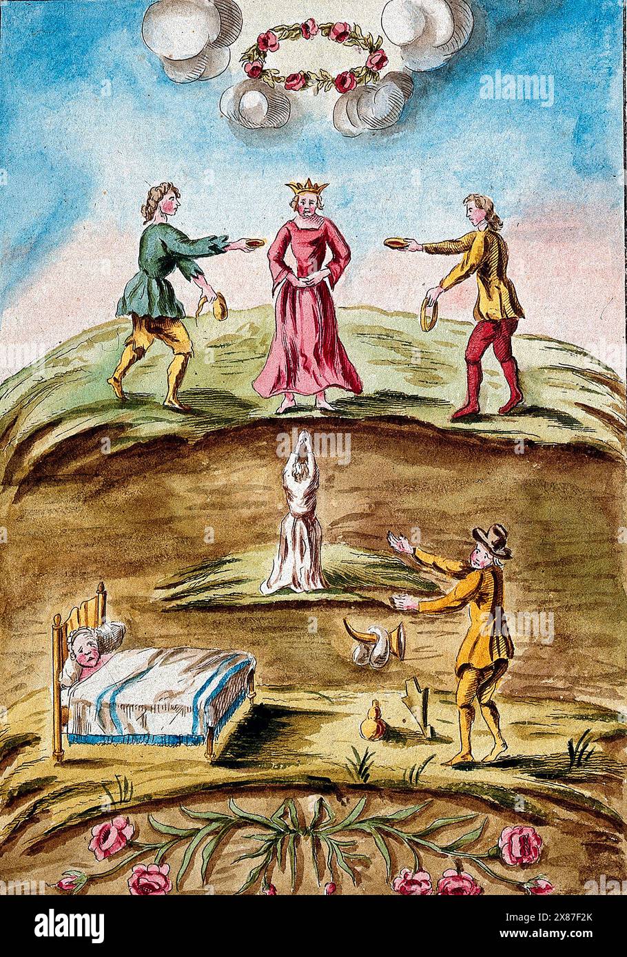 Eine Königin in Rot wird auf einem Hügel mit Blutschüsseln überreicht; unten streicht ein Mann in einem weißen Gewand in den Himmel; während ein anderer Mann neben einem alchemistischen Apparat steht und einem Mann gegenübersteht, der krank im Bett liegt; dies stellt eine Stufe im Prozess der Alchemie dar. Farbige Radierung, ca. 18. Jahrhundert. Stockfoto