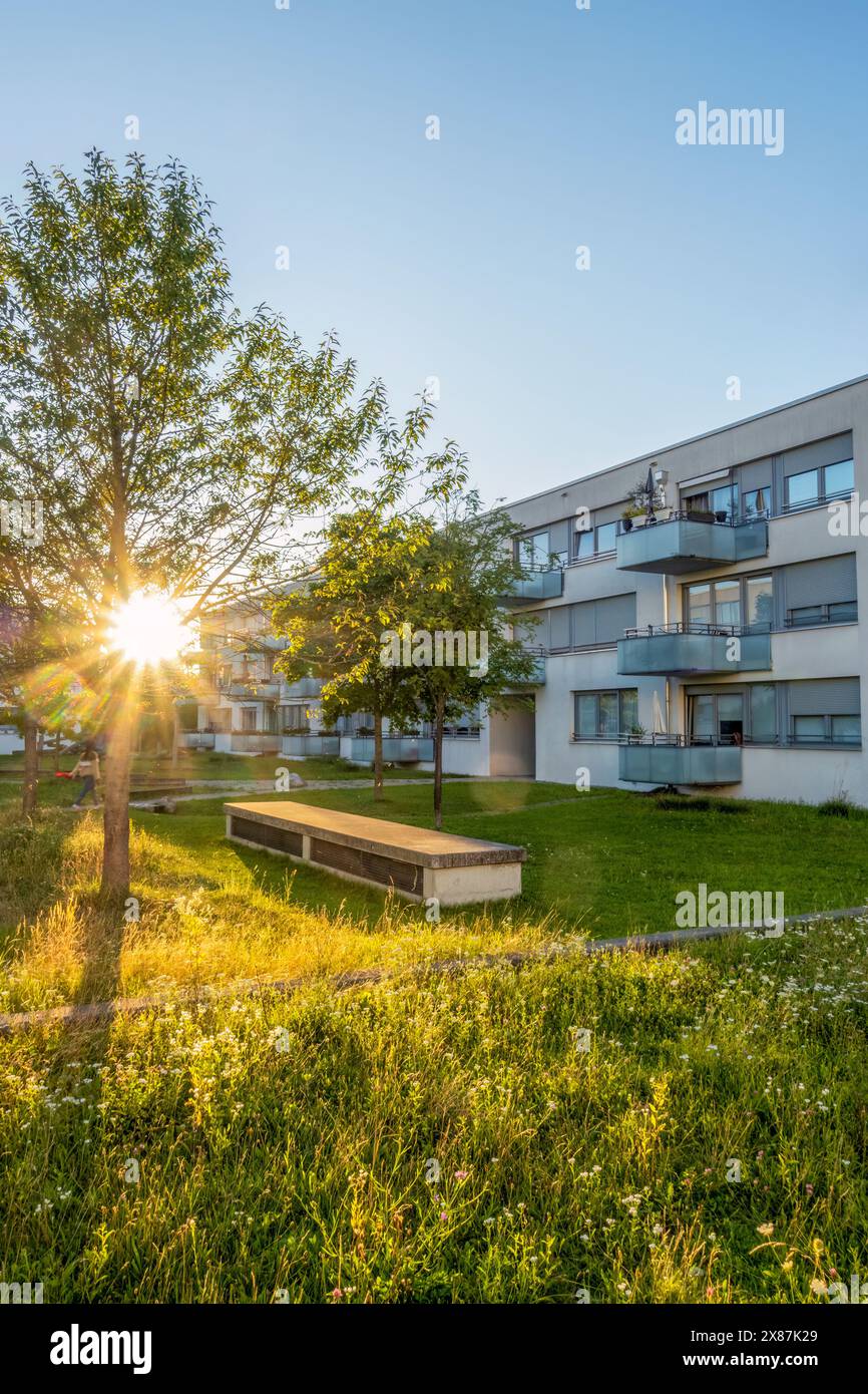 Modernes Wohngebäude mit Balkonen in der Nähe von grünen Pflanzen und Bäumen in München Stockfoto