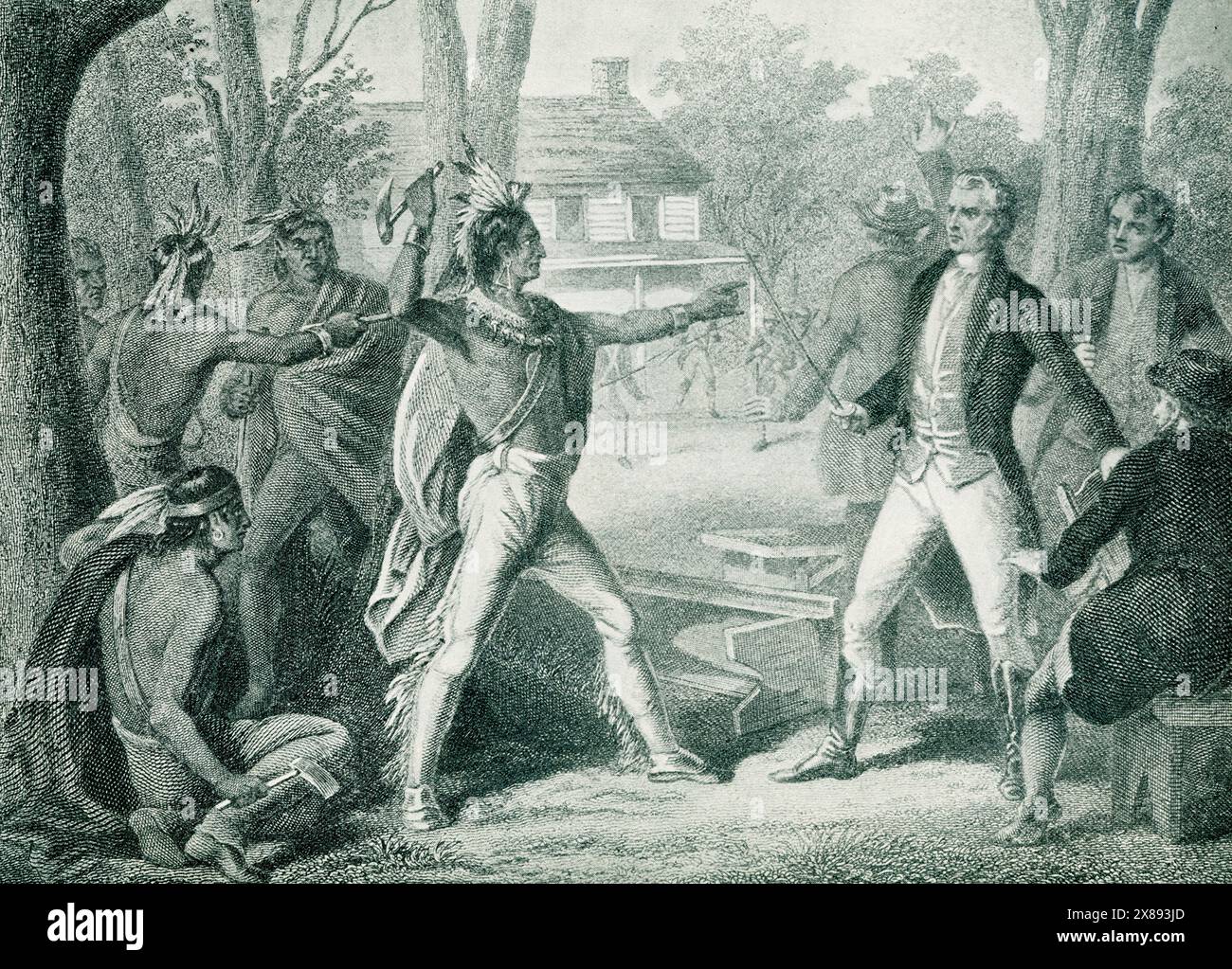 Tecumseh sagte Harrison: Indische Ländereien seien Gemeineigentum und könnten nicht ohne Zustimmung aller indischen Nationen verkauft werden; die Konföderation wollte Frieden und ihr Land bewahren, aber sie würde ihre Dörfer vor dem US-Vormarsch verteidigen. In Tecumseh Abwesenheit 1811 führte Harrison Truppen in umkämpfte Länder entlang des Wabash River. In der Schlacht an der Themse nördlich des Erie-Sees am 5. Oktober 1813 besiegte Harrison die Vereinigten britischen und indischen Streitkräfte und tötete Tecumseh. Harrison wurde später Präsident der Vereinigten Staaten und übernahm 1841 sein Amt Stockfoto