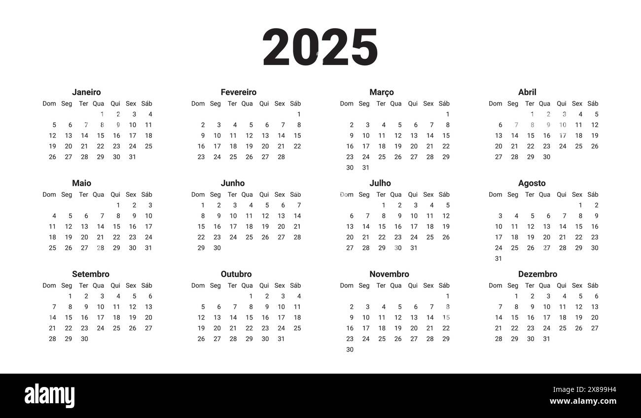 Horizontaler Vorlagenkalender Neujahr 2025. Portugiesisches Kalenderdesign. Die portugiesische Woche beginnt am Montag. Jährliches Raster auf weiß. Stock Vektor