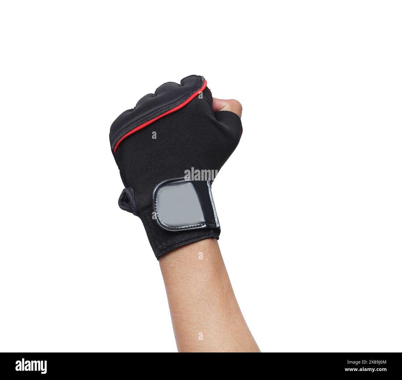Fahrradhandschuhe auf weißem Hintergrund. Fitnessgeräte. Fitness. Workout-Handschuhe zum Schutz der Hände Stockfoto