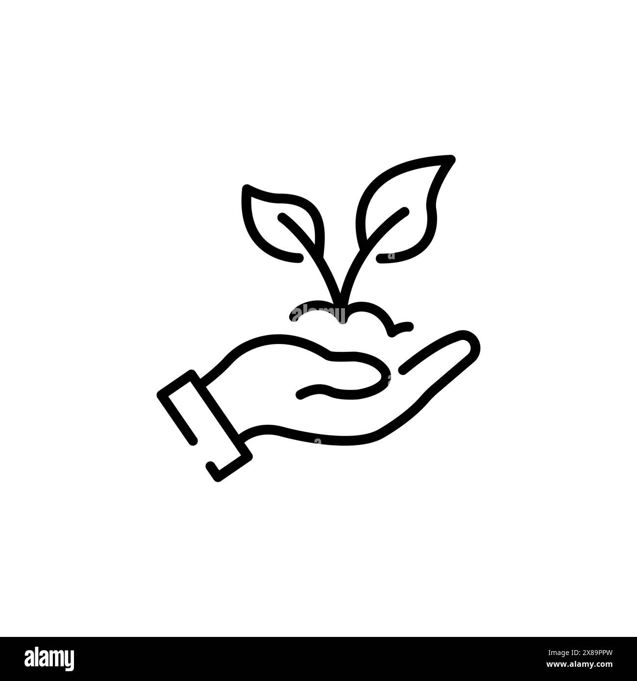 Lineares Greening-Symbol. Umweltschutz. Abbildung mit dünner Linie. Die Hand mit dem Sprossen öffnen. Symbol für landwirtschaftliche Kontur Stock Vektor
