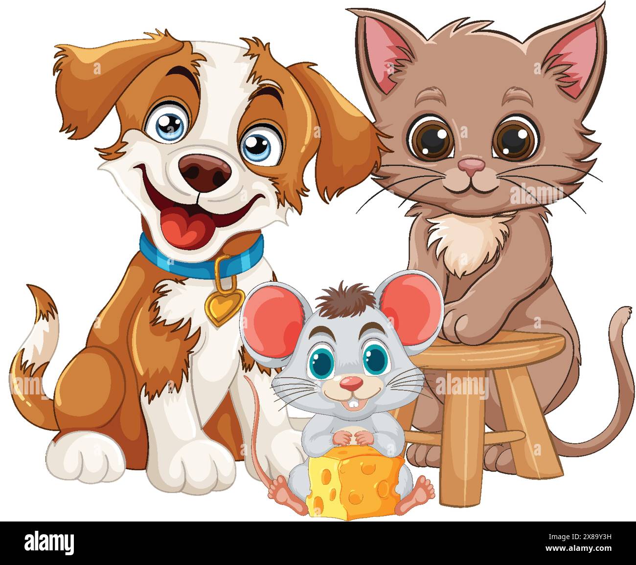 Hund, Katze und Maus sitzen glücklich zusammen Stock Vektor