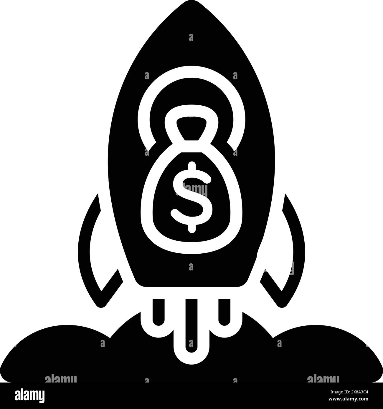 Symbol für Raketenraumschiff mit Geldbeutel voller Dollar, Start Stock Vektor