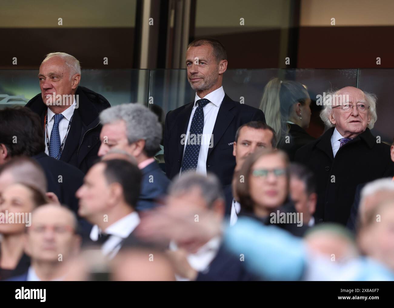 Dublin, Irland. Mai 2024. Antonio Percassi (L), Miteigentümer von Atalanta, UEFA-Präsident Aleksander Ceferin (C) und Michael Higgins (R), Präsident von Irland während des Endrunde der UEFA Europa League im Aviva Stadium in Dublin. Der Bildnachweis sollte lauten: Paul Terry/Sportimage Credit: Sportimage Ltd/Alamy Live News Stockfoto