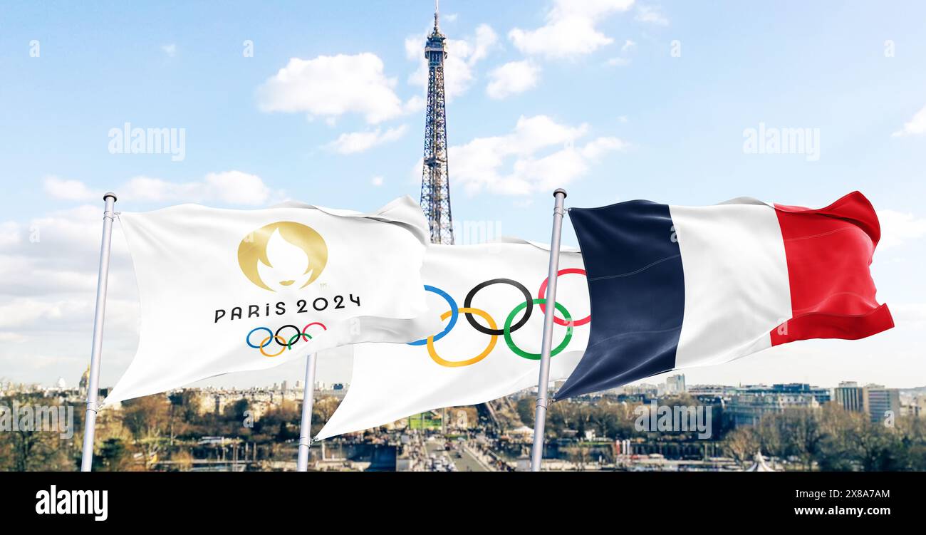 Draufsicht der Flagge der olympischen Spiele 2024 in frankreich mit Grunge-Textur. Kein Fahnenmast. Ebenenkonstruktion, Layout. Offizielles Logo von SOG 2024 in Paris Stockfoto