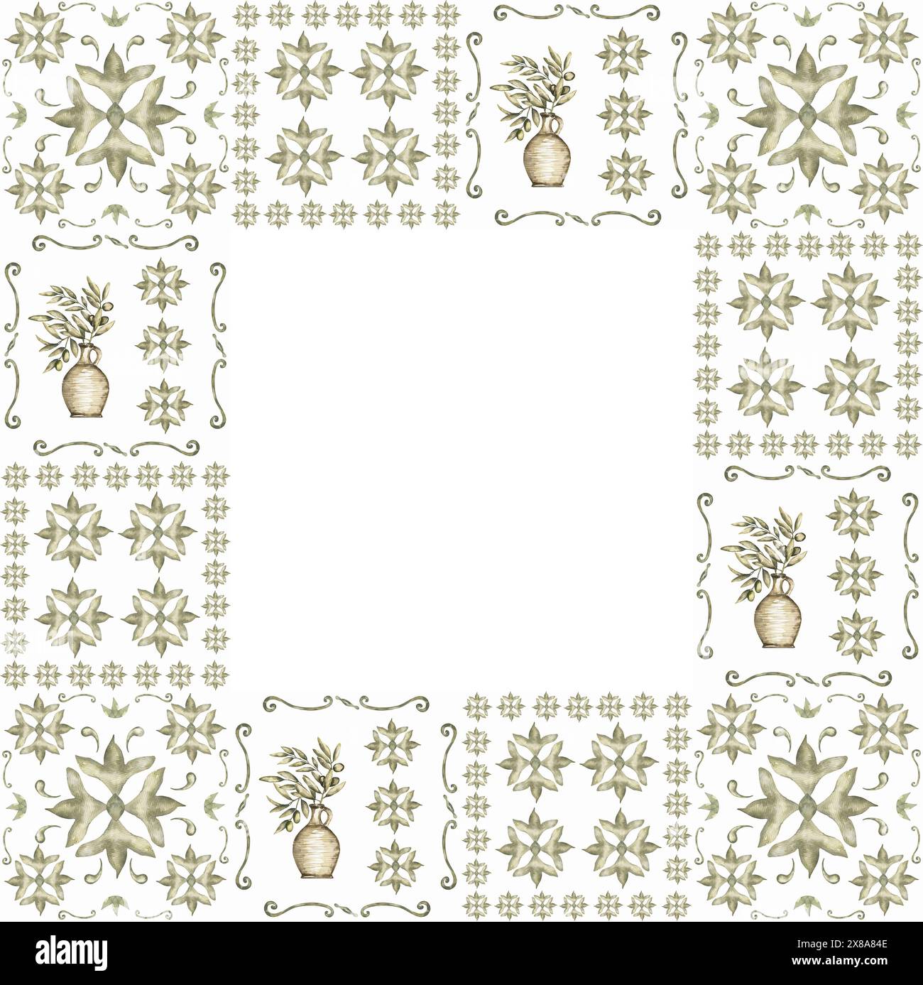 Aquarellfliesen Rahmen mit Olivenzweig, Olivenstrauß in der Illustration mit dem Rand des Gefäßes Stockfoto