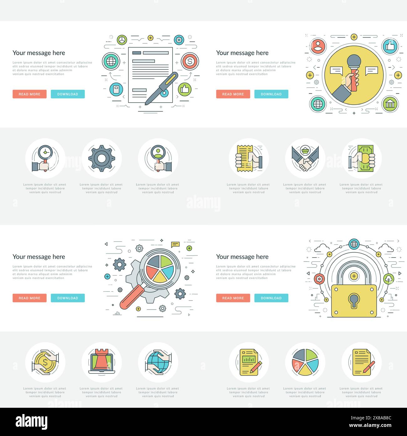 Flache Geschäftskonzepte legen Vektorabbildungen fest. Moderne dünne lineare Konturvektorsymbole. Für Website-Grafiken, Infografik-Design, Promotional M Stock Vektor