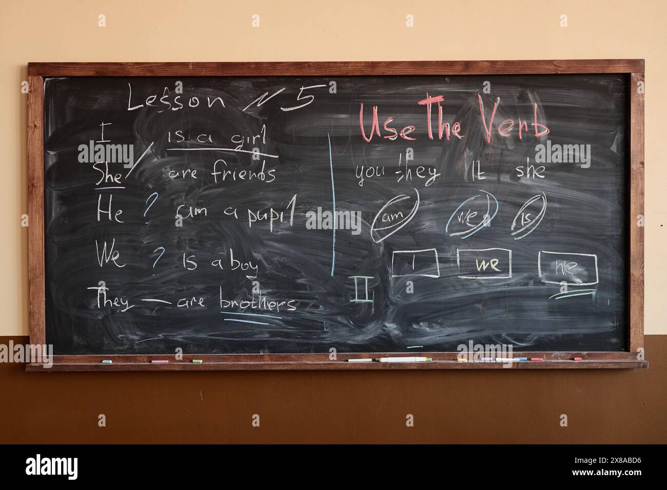 Keine Leute, die auf die Tafel geschossen wurden, waren auf den Englischunterricht in moderner Unterrichtseinrichtung vorbereitet Stockfoto