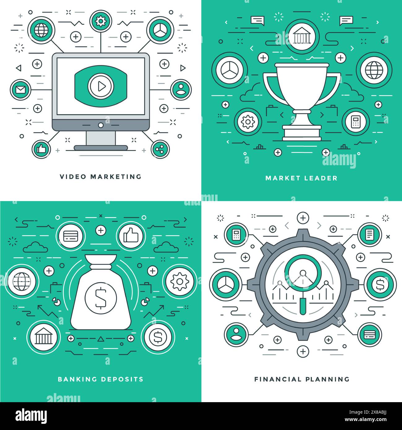 Flatline Video Marketing, Finanzplanung, Bankeinlage, Geschäftskonzepte Set Vektorillustrationen. Moderne dünne lineare Konturvektorsymbole. Wir Stock Vektor