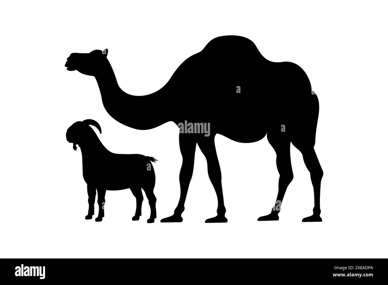 EID al-Adha Opfertier Silhouette. Silhouette von Ziegen und Kamelen für die Tierhaltung. Stock Vektor