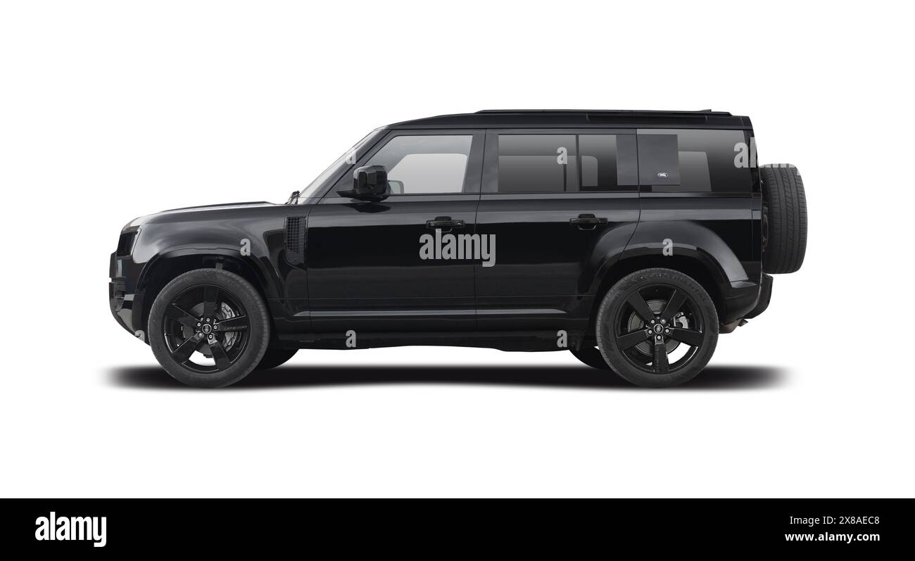 Seitenansicht des Land Rover Defender SUV-Fahrzeugs isoliert auf weißem Hintergrund Stockfoto