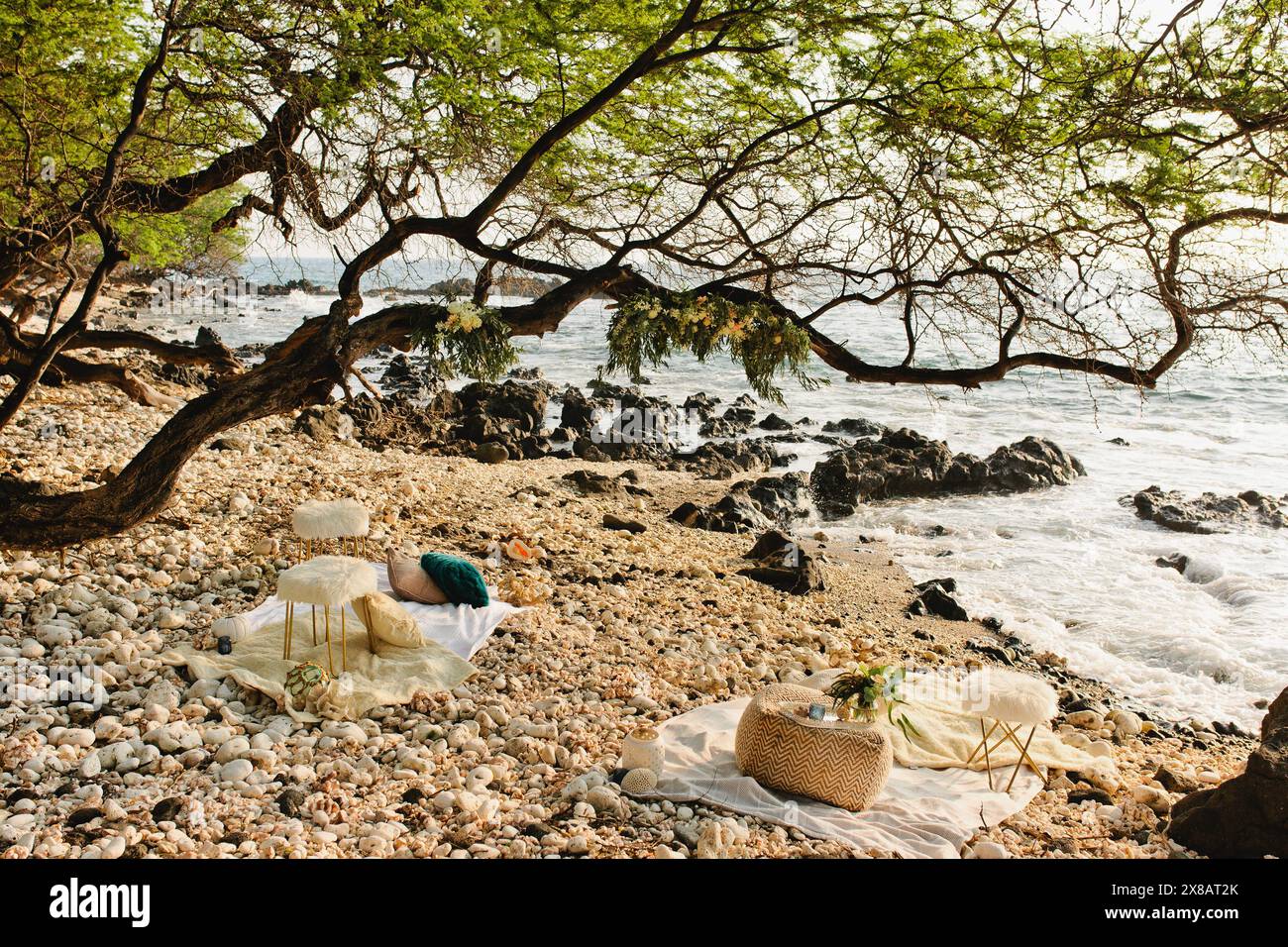 Picknick am Korallenstrand unter tropischen Bäumen in Hawaii Stockfoto
