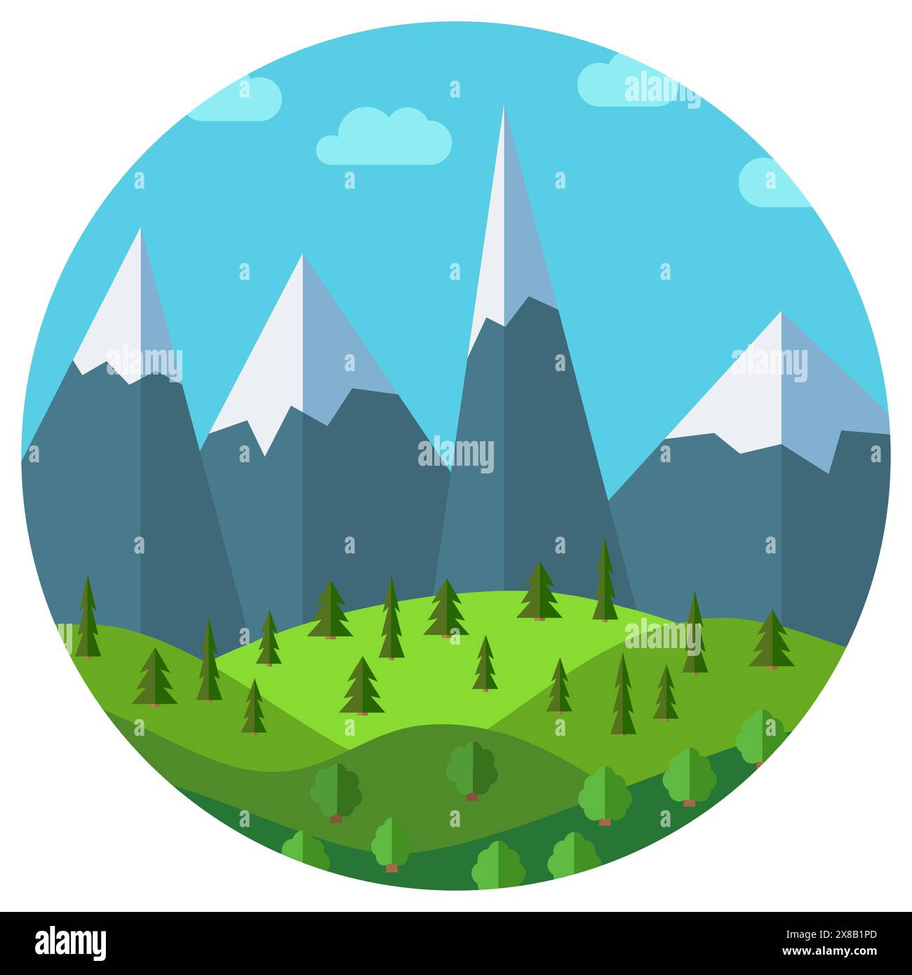 Vektor-Zeichentrickfilm Berglandschaft im Kreis. Natürliche Landschaft im flachen Stil mit blauem Himmel, Wolken, Bäumen, Hügeln und Bergen mit Schnee auf dem pe Stock Vektor