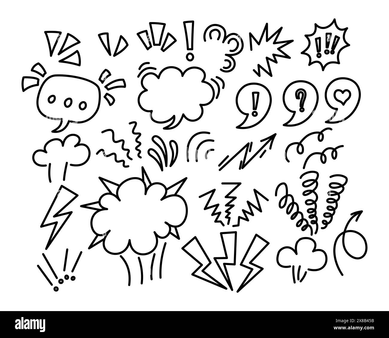 Comic-Bubbles und Soundeffekte kritzeln im Stil. Handgezeichneter Satz schwarzer Elemente im Comic-Stil, Gedankenwolken, Ausrufe, Akzente für Stock Vektor