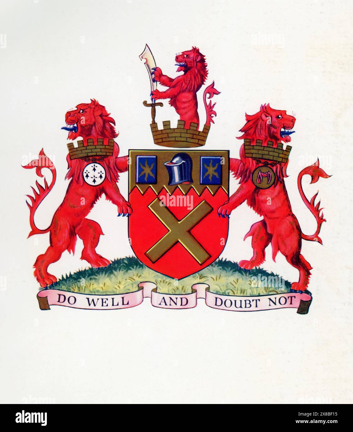 Wappen des Borough of Tottenham, 1953. Der Municipal Borough of Tottenham war von 1850 bis 1965 ein Verwaltungsbezirk im Nordosten von Middlesex. Es war Teil des Londoner Postbezirks und des Metropolitan Police District. Stockfoto