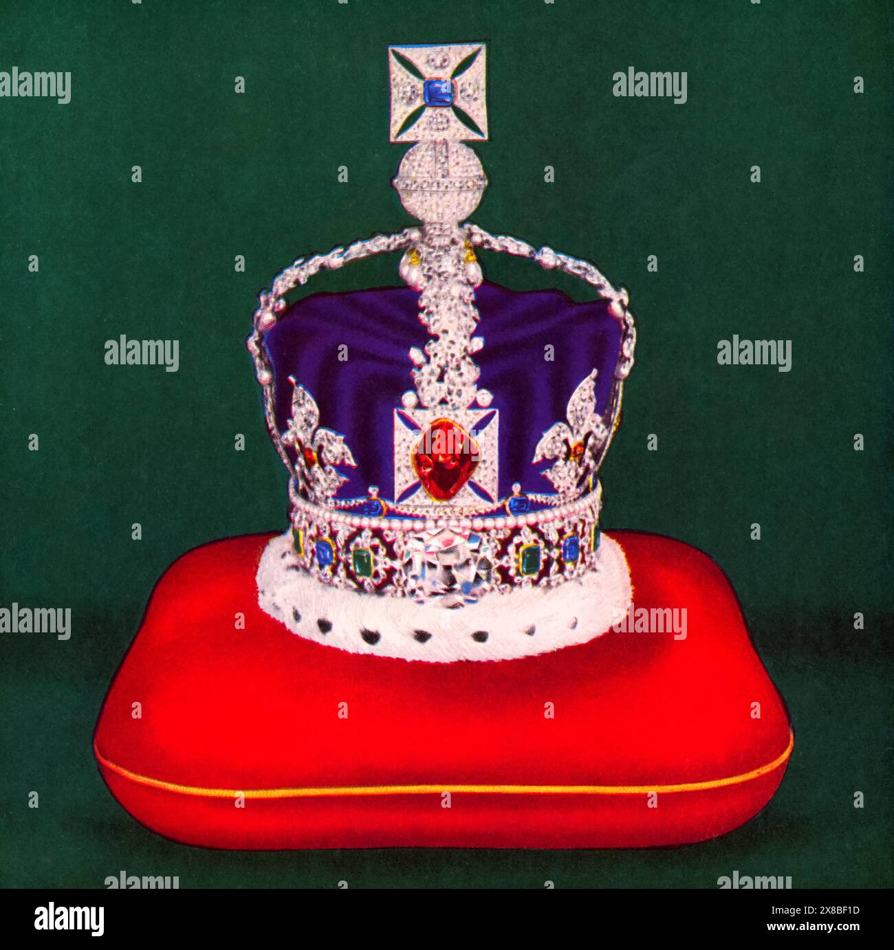 Die Kaiserliche Staatskrone, 1953. Die Imperial State Crown ist einer der Kronjuwelen des Vereinigten Königreichs und symbolisiert die Souveränität des Monarchen. Sie existiert seit dem 15. Jahrhundert in verschiedenen Formen. Die aktuelle Version wurde 1937 hergestellt und wird vom Monarchen nach einer Krönung getragen und bei den Staatsöffnungen des Parlaments verwendet. Die Krone ist mit 2.901 Edelsteinen verziert, darunter dem Cullinan II Diamanten, dem St Edward's Saphir, dem Stuart Saphir und dem Black Prince's Rubin. Stockfoto