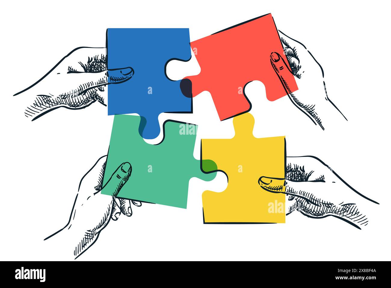 Menschliche Hände halten bunte Puzzleteile. Vektorgrafik von Hand gezeichnet. Das Business Team löst Probleme, schließt sich an und verbindet Puzzle. Te Stock Vektor
