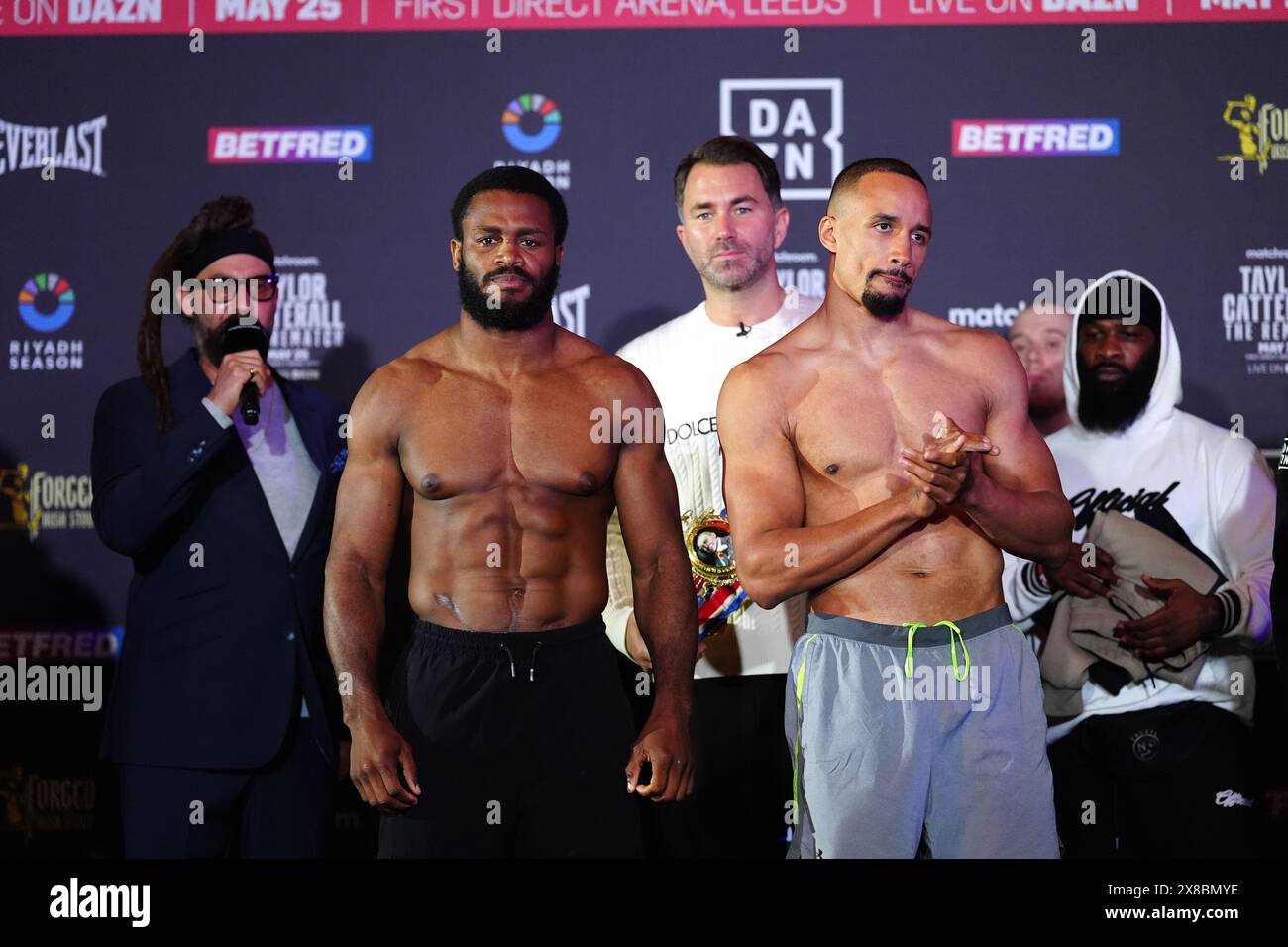 Cheavon Clarke und Ellis Zorro während des öffentlichen Wiegens in der New Dock Hall, Leeds. Bilddatum: Freitag, 24. Mai 2024. Stockfoto