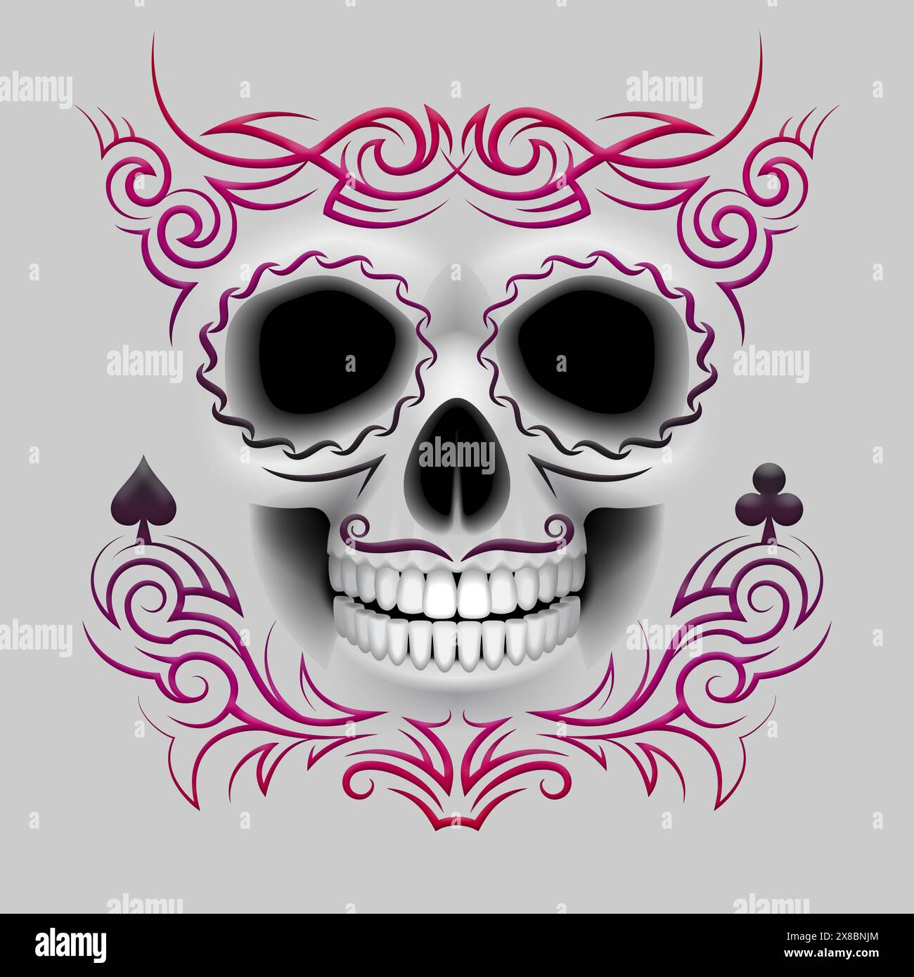 Elegantes „Tribal Sugar Skull“-Design. Catrina-Stil. Tag der Toten, Halloween, Karneval und andere Anlässe. Stockfoto