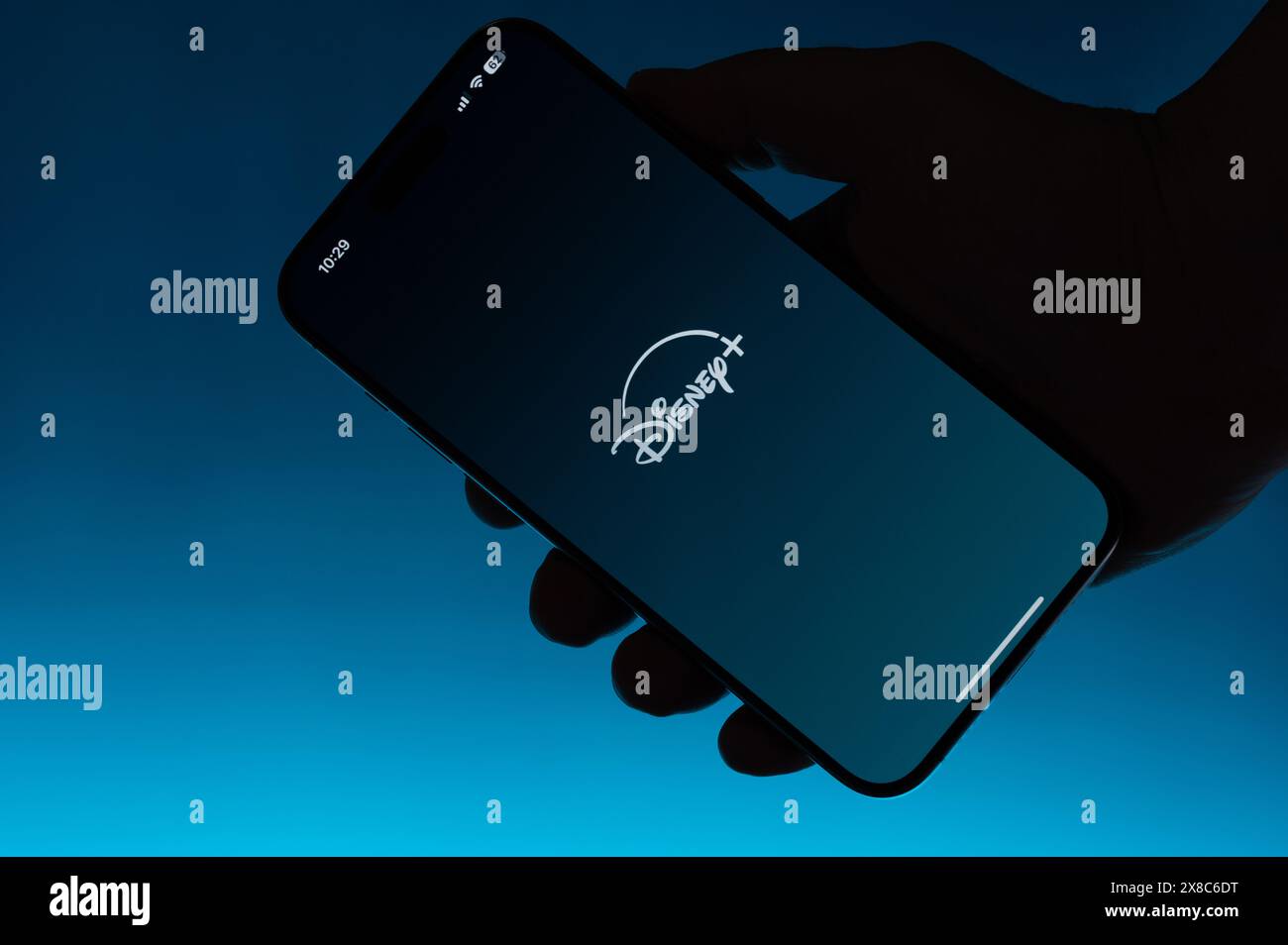 New York, USA – 6. Mai 2024: Öffnen Sie die Disney Plus App auf dem Smartphone in Hand isolierter blauer Farbverlauf Stockfoto