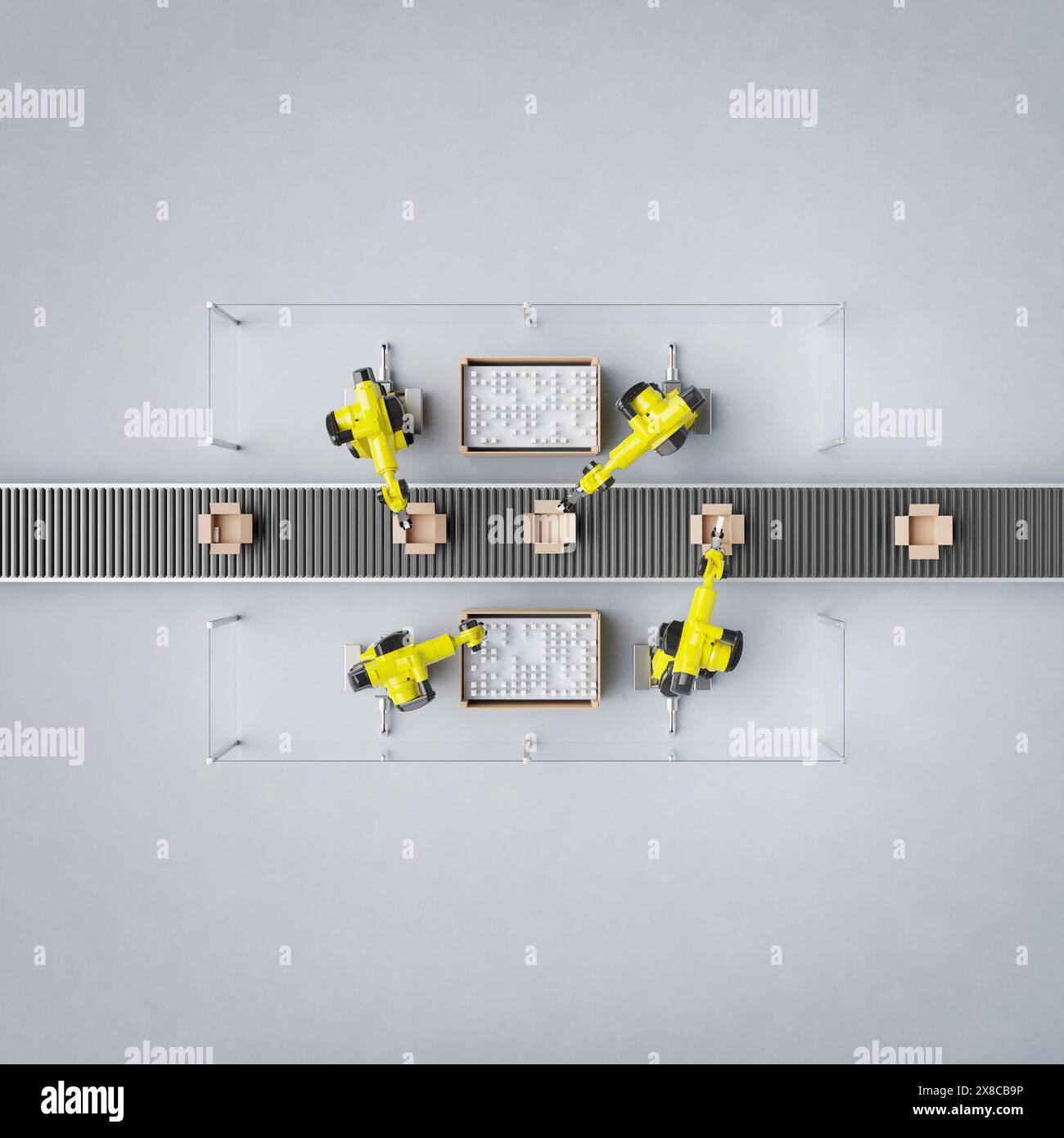 Roboter an einem Förderband verpacken Artikel in Kartonverpackungen. Ansicht von oben nach unten. Kopieren Sie den Abstand für das individuelle Beschneiden Stockfoto