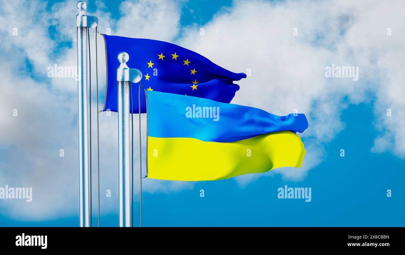 Die ukrainische Flagge vor der europäischen Flagge. Konzept für die Unterstützung Europas für die Ukraine im Krieg mit Russland und die Aussicht auf den Eintritt in die Ukraine Stockfoto