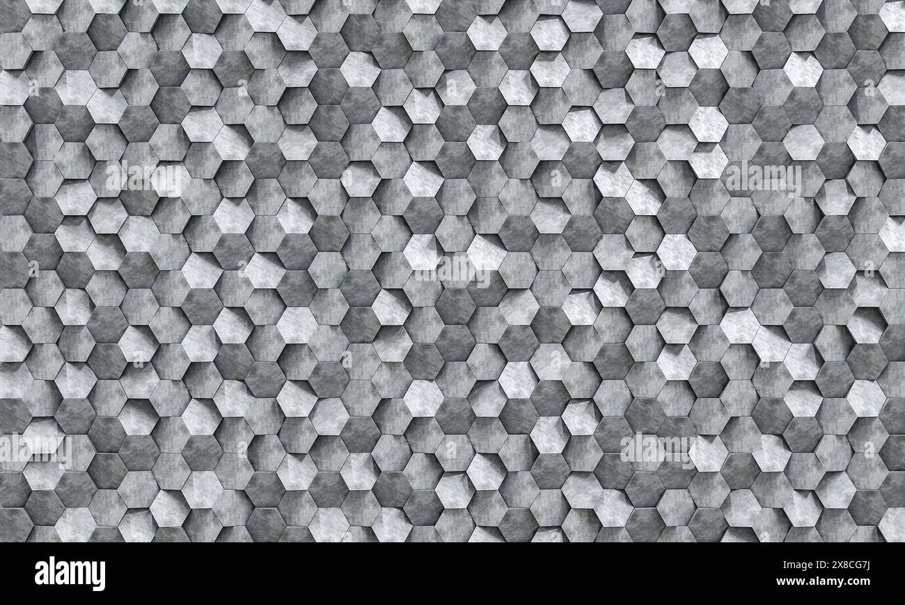 Graues 3D-geometrisches Muster im Hintergrund mit sechseckigen Elementen Stockfoto