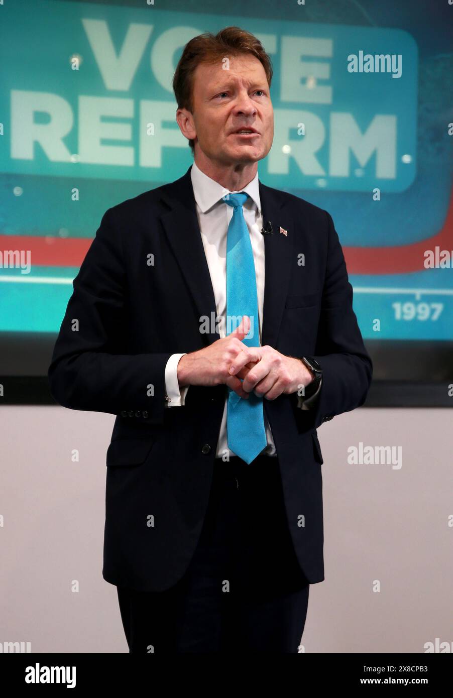 London, Vereinigtes Königreich - 23. Mai 2024: Richard Tice, Vorsitzender der Reform UK, nimmt an der Wahlkampagne von Reform UK in London Teil. Stockfoto