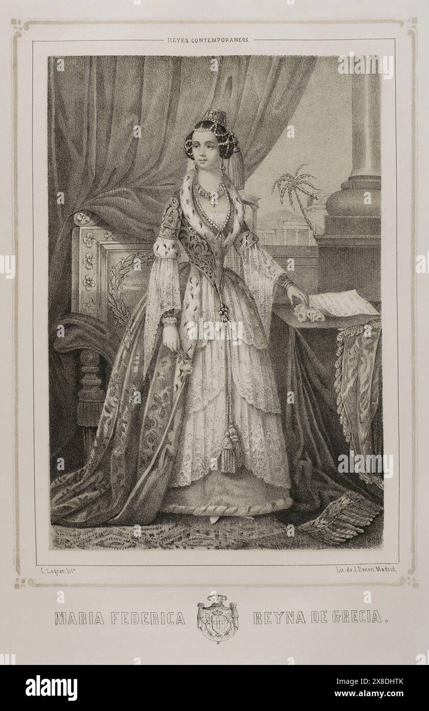 Amalia von Oldenburg (1818-1875). Königin von Griechenland (1832–1862) durch Heirat mit Otto I. (1815–1867). Hochformat. Zeichnung von C. Legrand. Lithographie von J. Donón. Reyes Contemporáneos (Zeitgenössische Könige). Band III. Veröffentlicht in Madrid, 1854. Autor: Julio Donón. Spanischer Künstler, der von 1840 bis 1880 aktiv war. Luis Carlos Legrand (Fl. 1829-1858). Spanischer Zeichner und Lithograf. Stockfoto