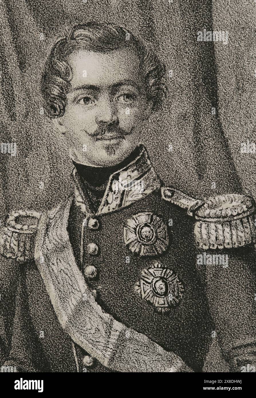 Otto von Griechenland (1815-1867). König von Griechenland (1832-1862). Er war bayerischer Fürst des Hauses Wittelsbach. Hochformat. Zeichnung von C. Legrand. Lithographie von J. Donón. Details. Reyes Contemporáneos (Zeitgenössische Könige). Band III. Veröffentlicht in Madrid, 1854. Autor: Julio Donón. Spanischer Künstler, der von 1840 bis 1880 aktiv war. Luis Carlos Legrand (Fl. 1829-1858). Spanischer Zeichner und Lithograf. Stockfoto