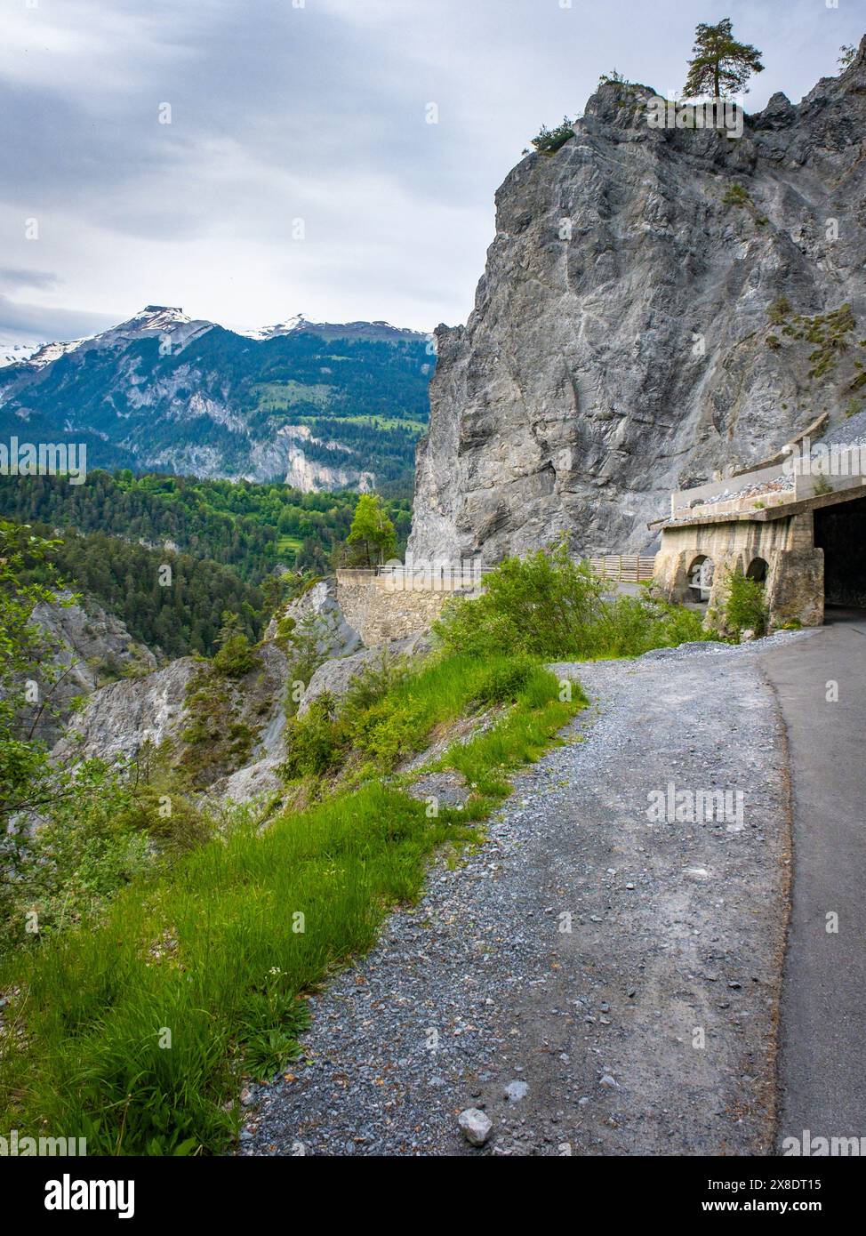 Fahrt durch die Alpen entlang der Rheinschlucht Stockfoto
